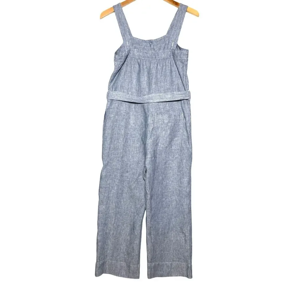 EVERLANE Women’s Blue Striped Linen Cropped Wide Leg Belted Jumpsuit